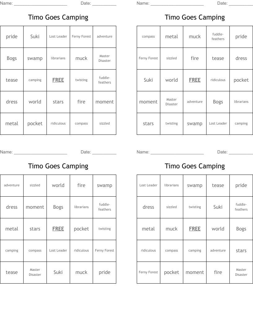 Timo Goes Camping Bingo Cards