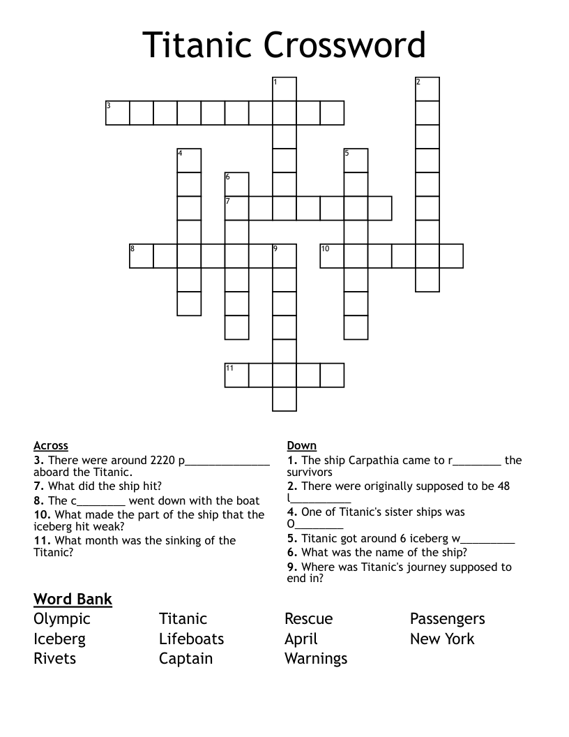 Reyna s Titanic Crossword Puzzle WordMint