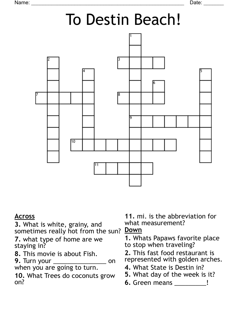 To Destin Beach! Crossword