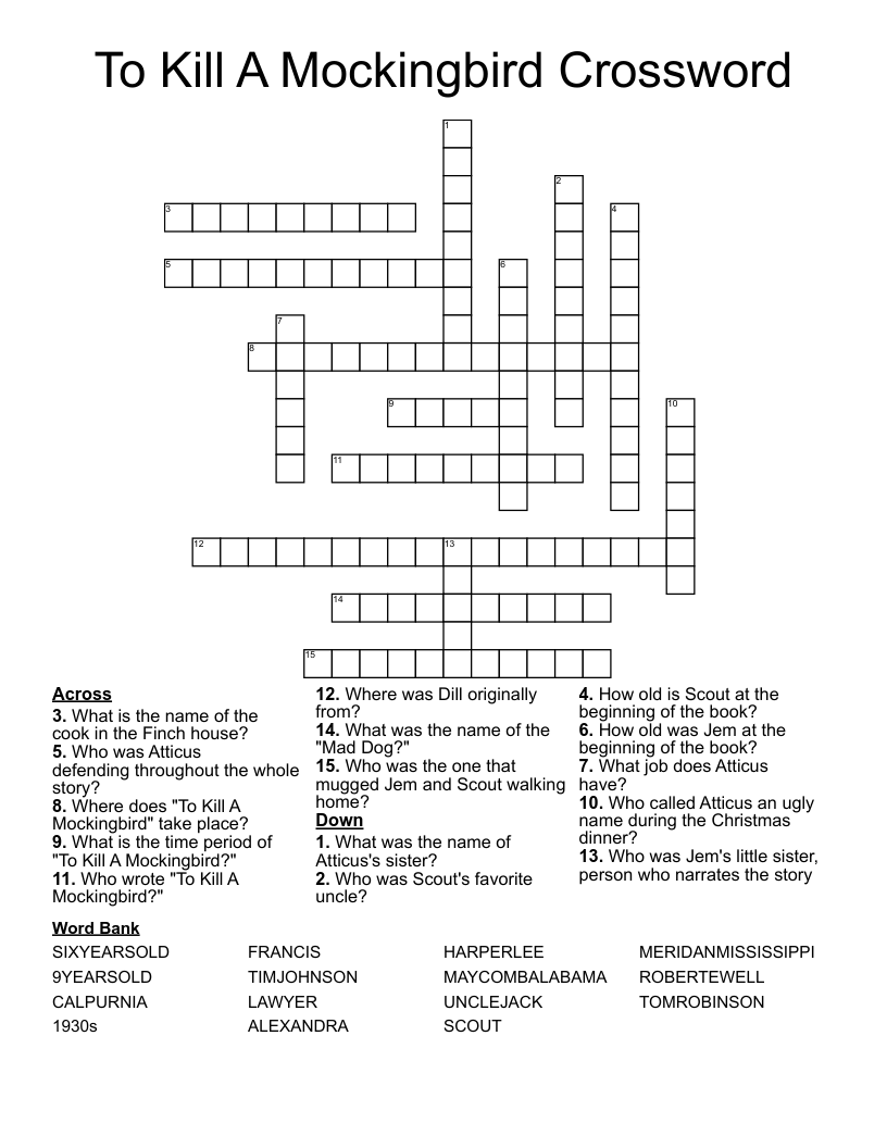 To Kill A Mockingbird Crossword