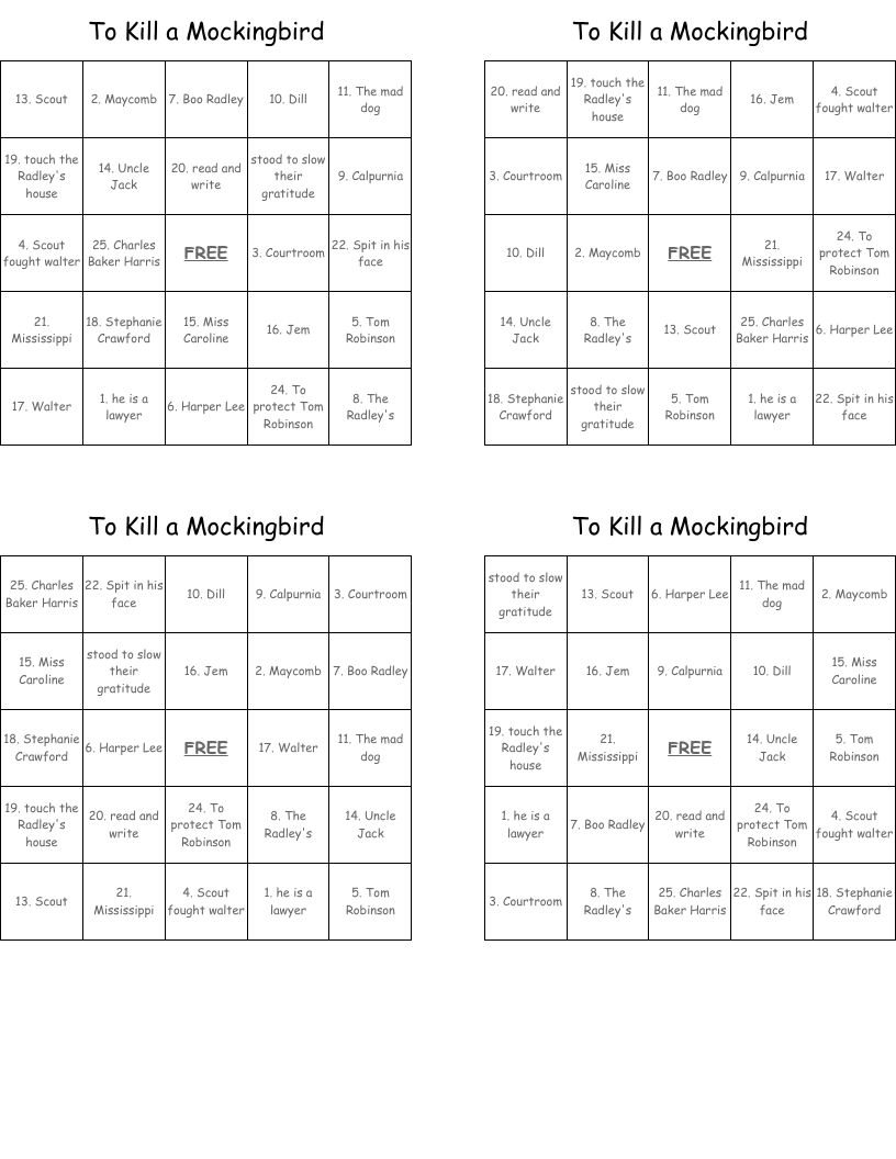 To Kill a Mockingbird Bingo Cards