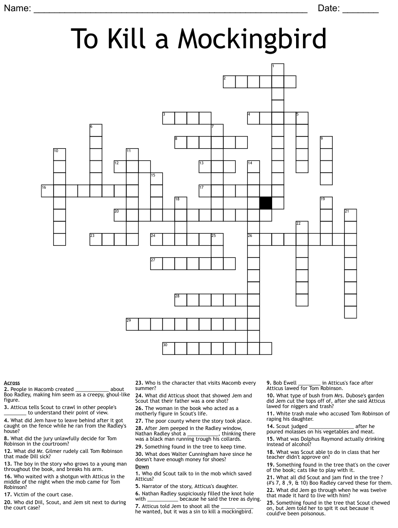 To Kill A Mockingbird Chapter 7 Crossword WordMint