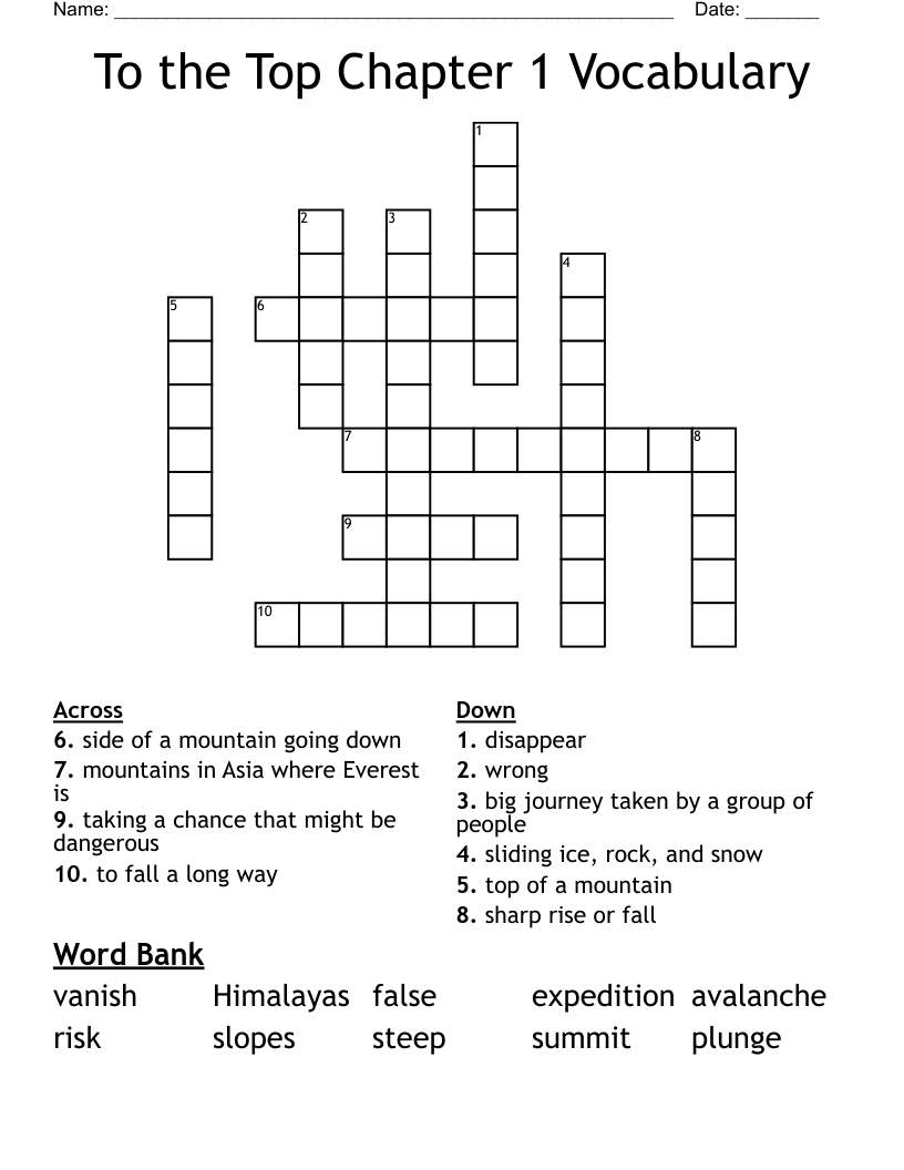 To the Top Chapter 1 Vocabulary Crossword