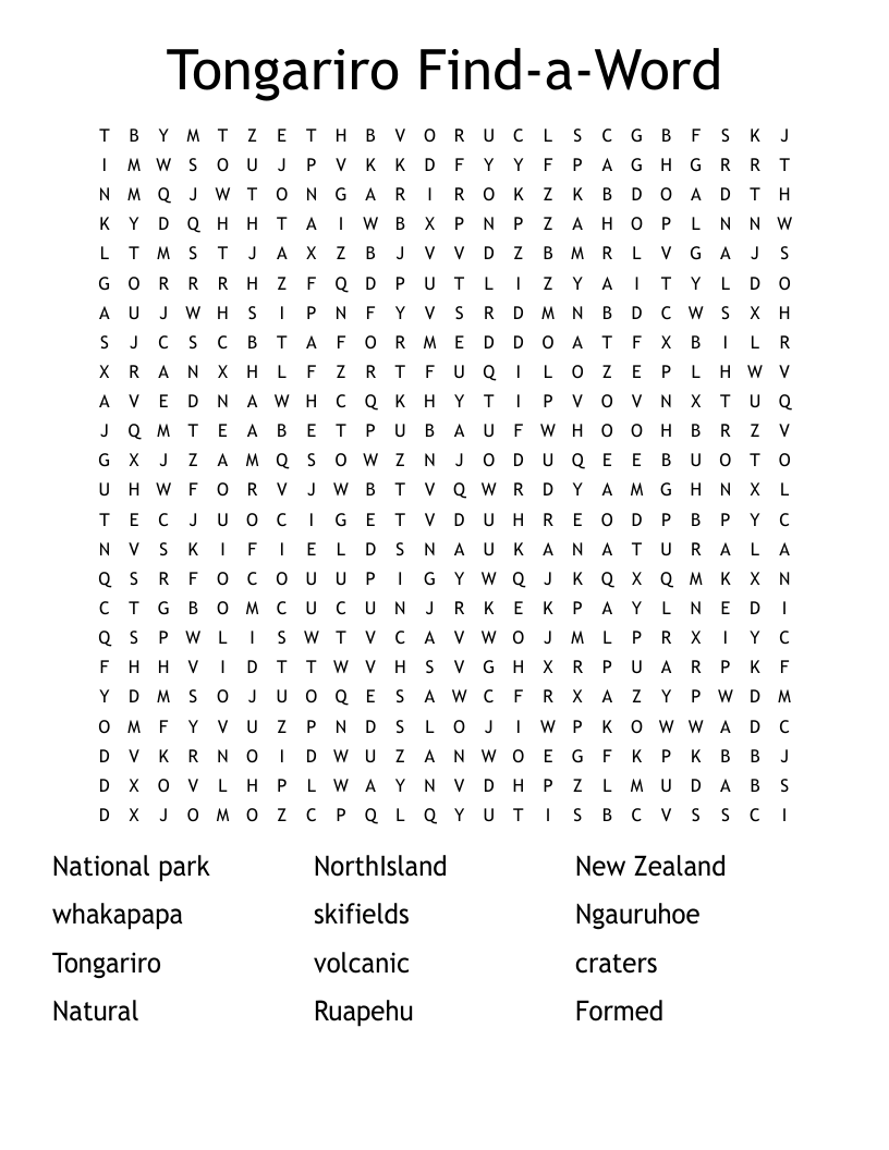 Tongariro Find-a-Word Word Search