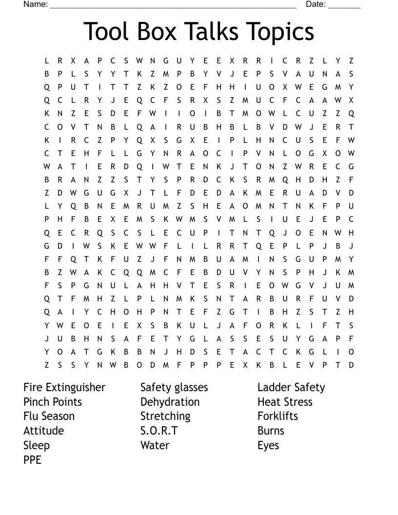 Tool Box Talks Topics Word Search