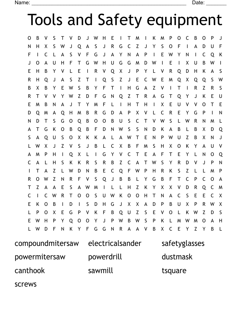 Tools and Safety equipment Word Search