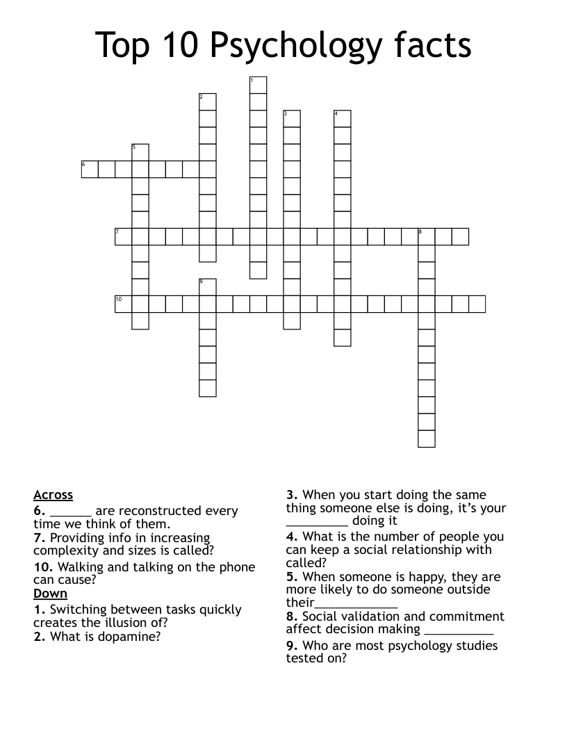 Top 10 Psychology facts  Crossword