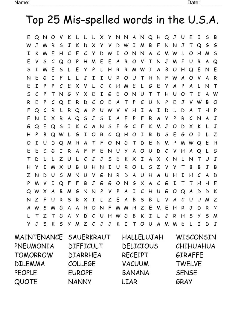 Top 25 Mis-spelled words in the U.S.A. Word Search