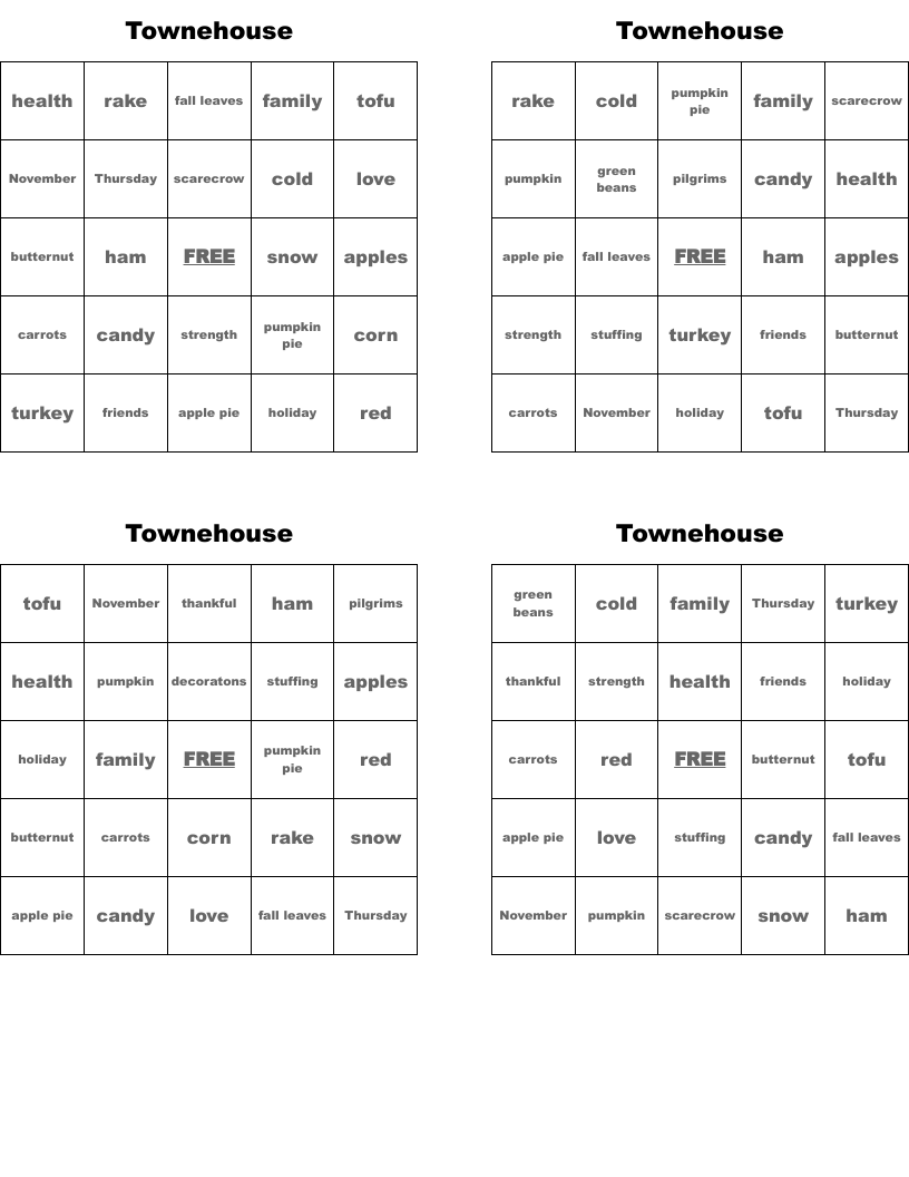 Townehouse Bingo Cards