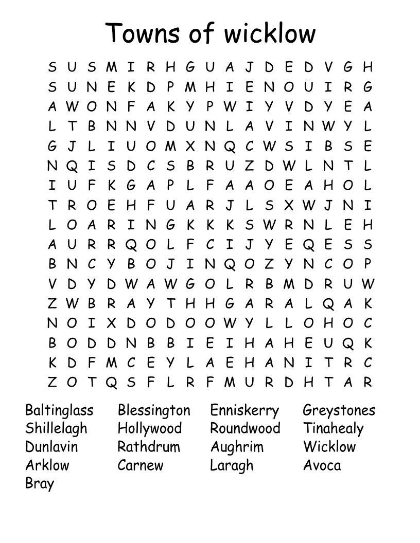 Towns of wicklow Word Search