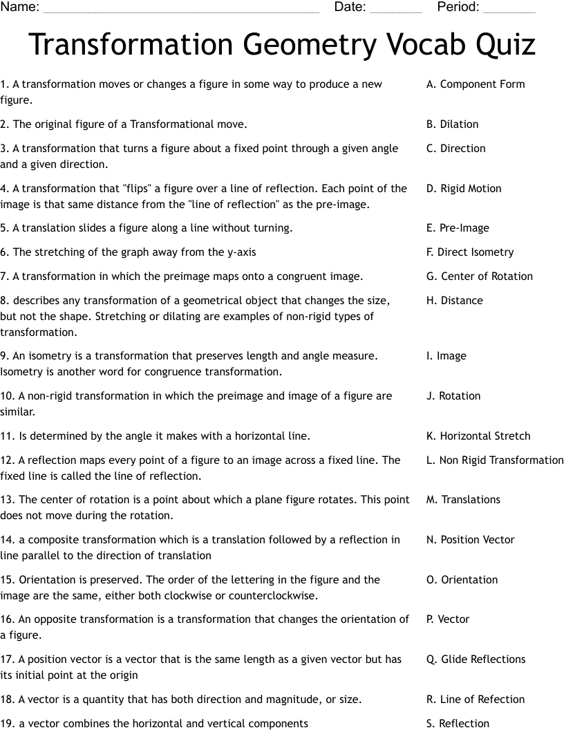 Transformation Geometry Vocab Quiz Worksheet WordMint
