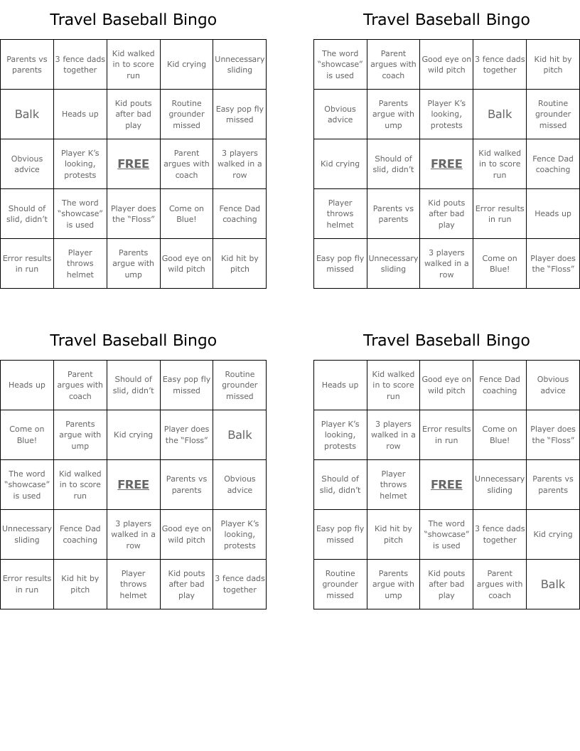 Travel Baseball Bingo
