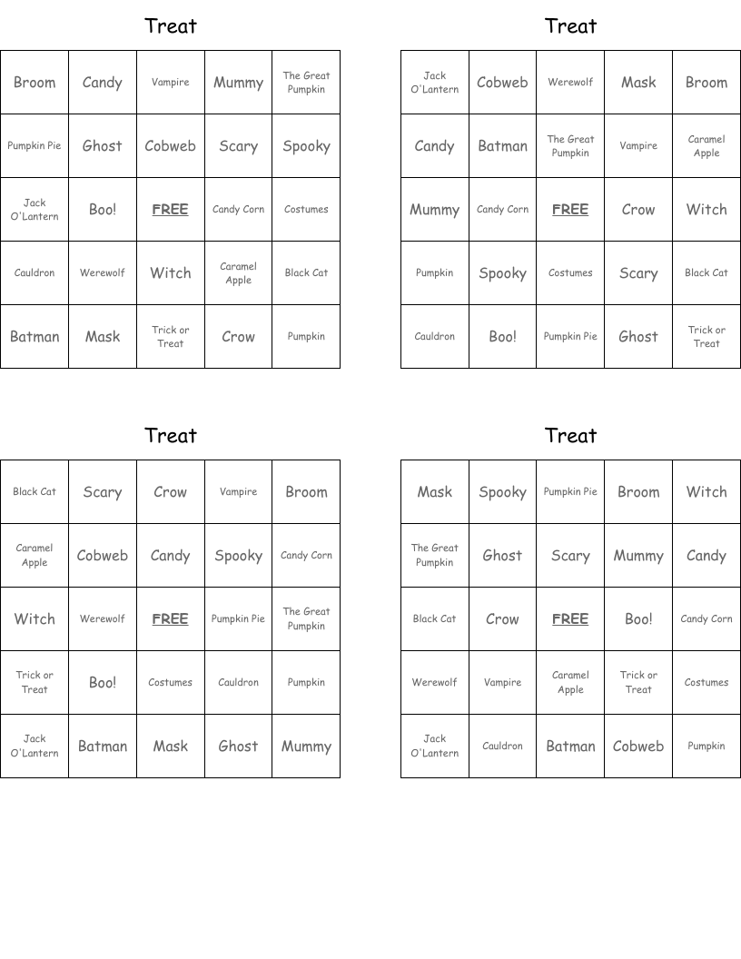 Treat Bingo Cards