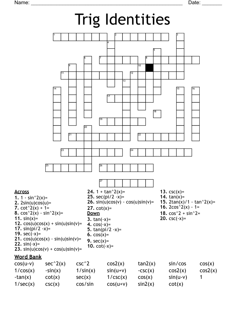 Trig Identities Crossword WordMint