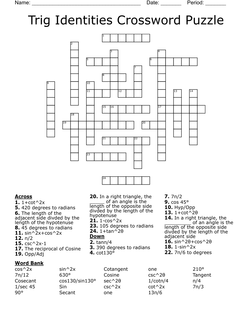 Trig Identities Crossword Puzzle 