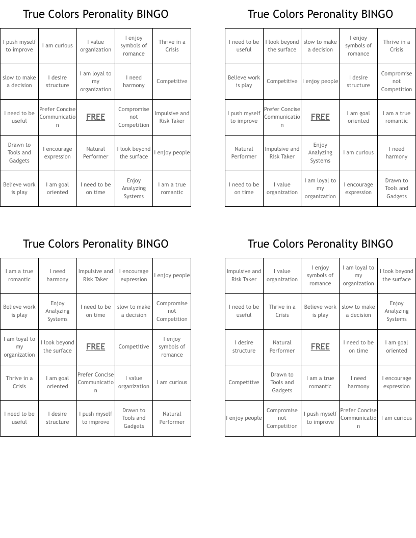 True Colors Peronality BINGO