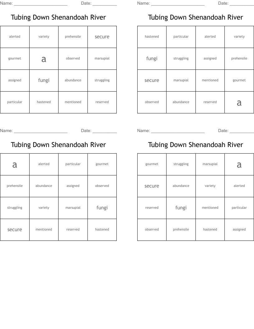 Tubing Down Shenandoah River Bingo Cards