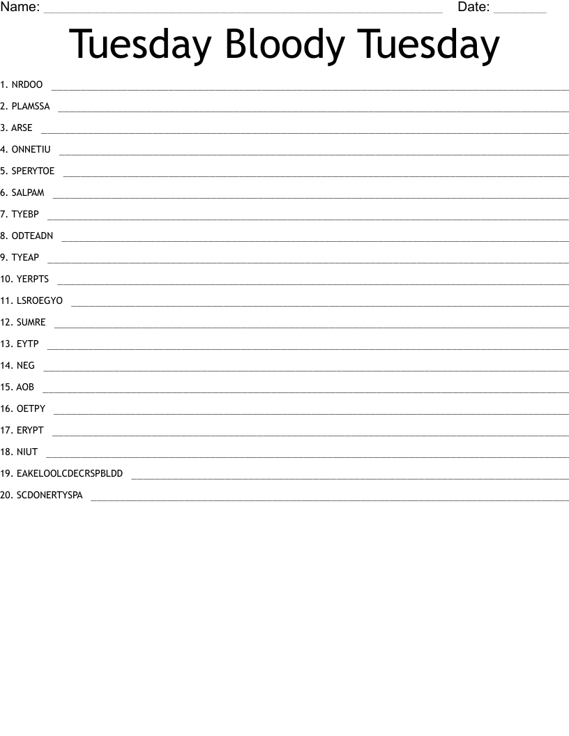 Tuesday Bloody Tuesday Word Scramble