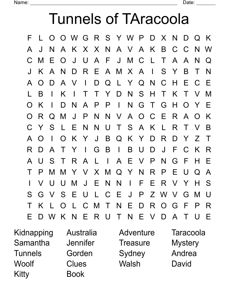 Tunnels of TAracoola Word Search