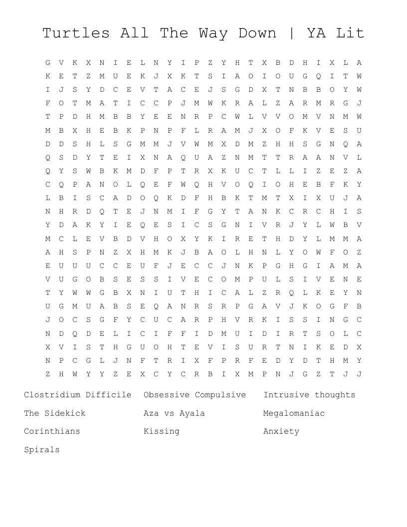 Turtles All The Way Down | YA Lit Word Search