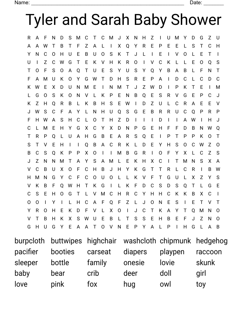 Tyler and Sarah Baby Shower Word Search WordMint