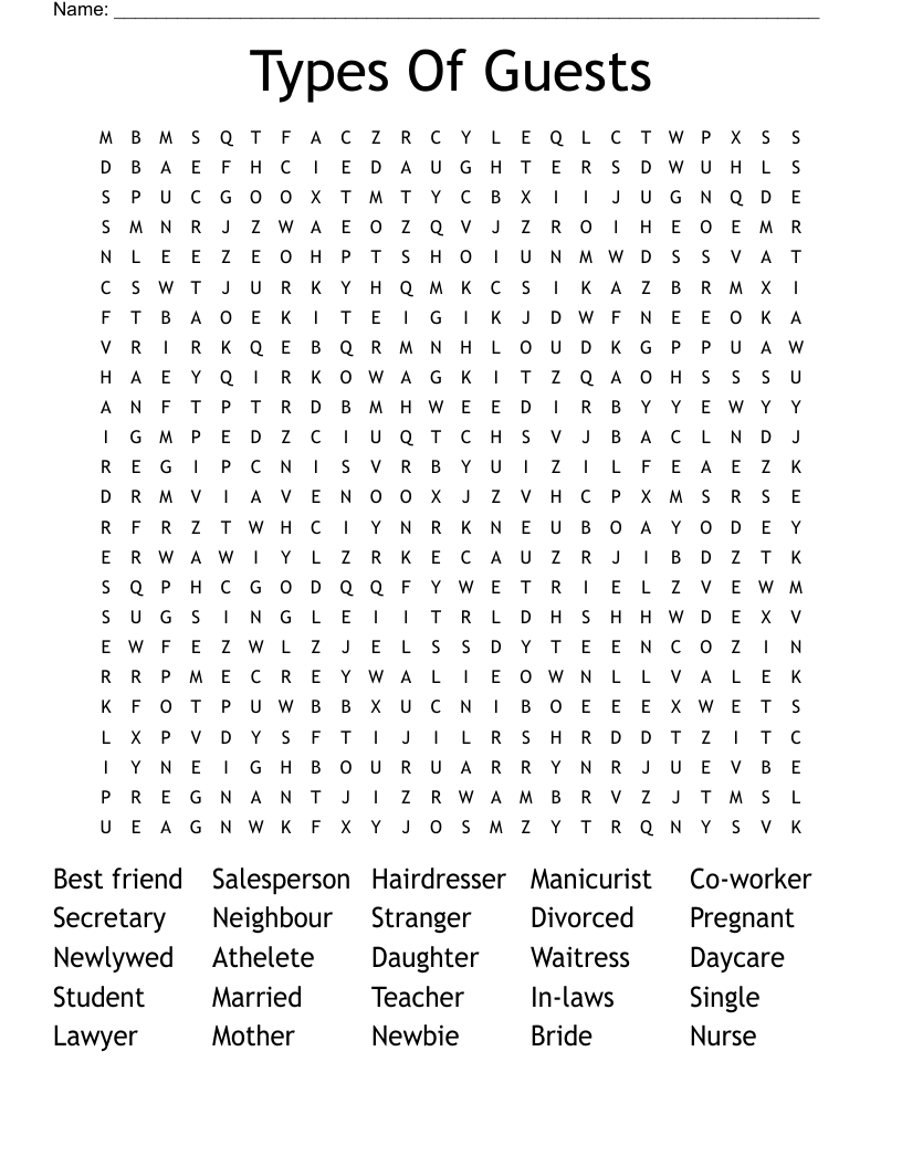 Types Of Guests Word Search