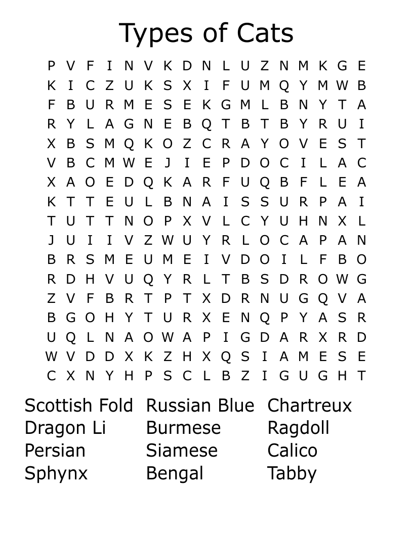 Types Of Cats Word Search WordMint
