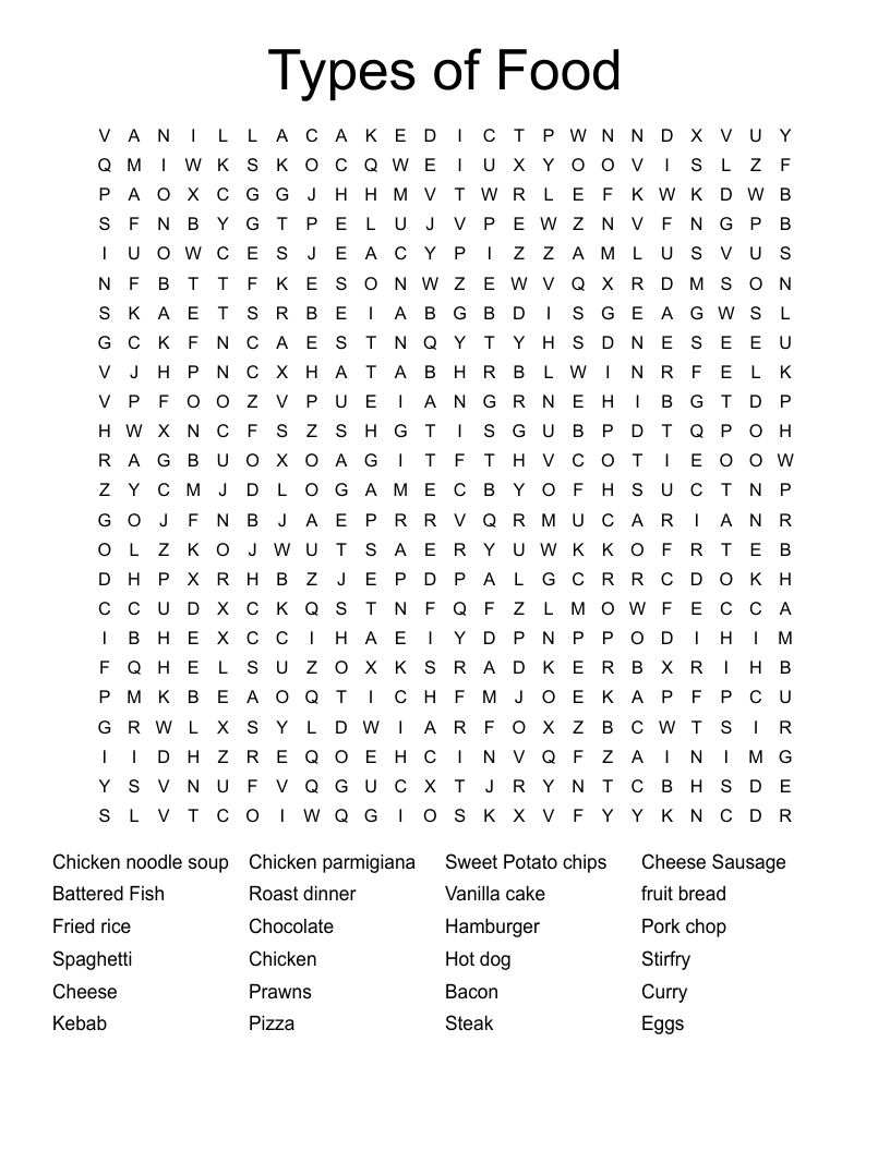Types Of Food Word Search WordMint