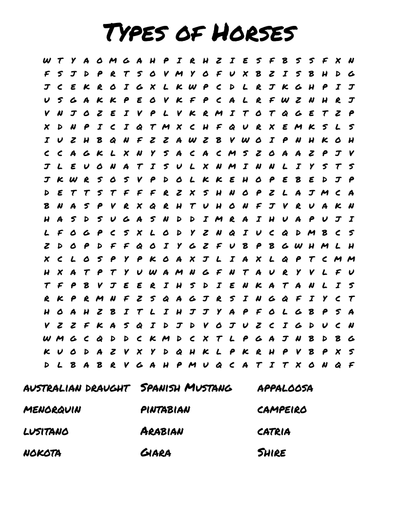 Types of Horses Word Search