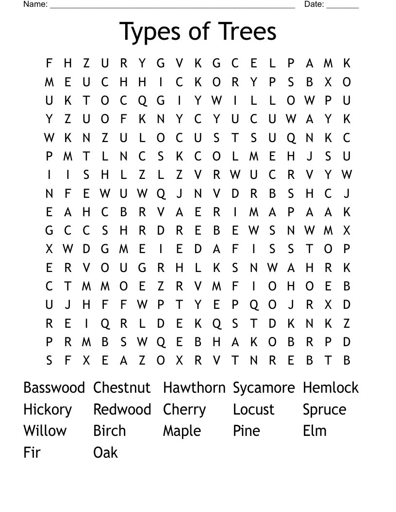Types Of Trees Word Search WordMint