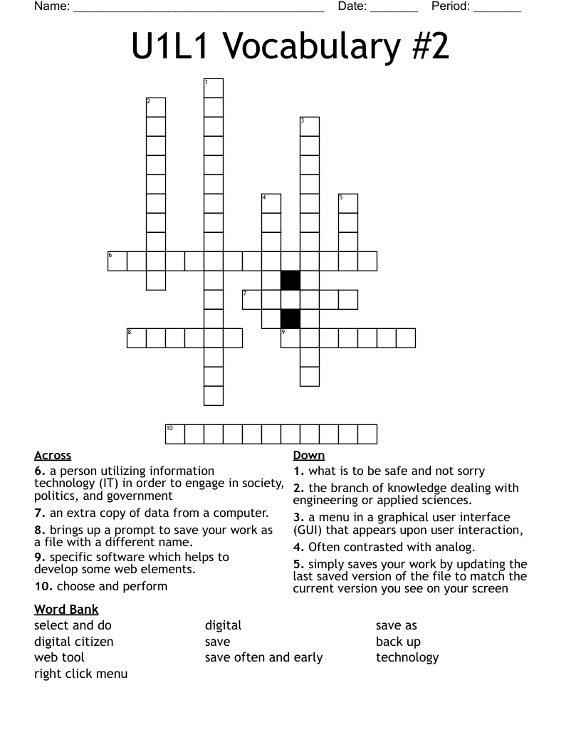 U1L1 Vocabulary #2 Crossword