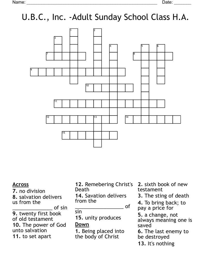 U.B.C., Inc. -Adult Sunday School Class H.A. Crossword