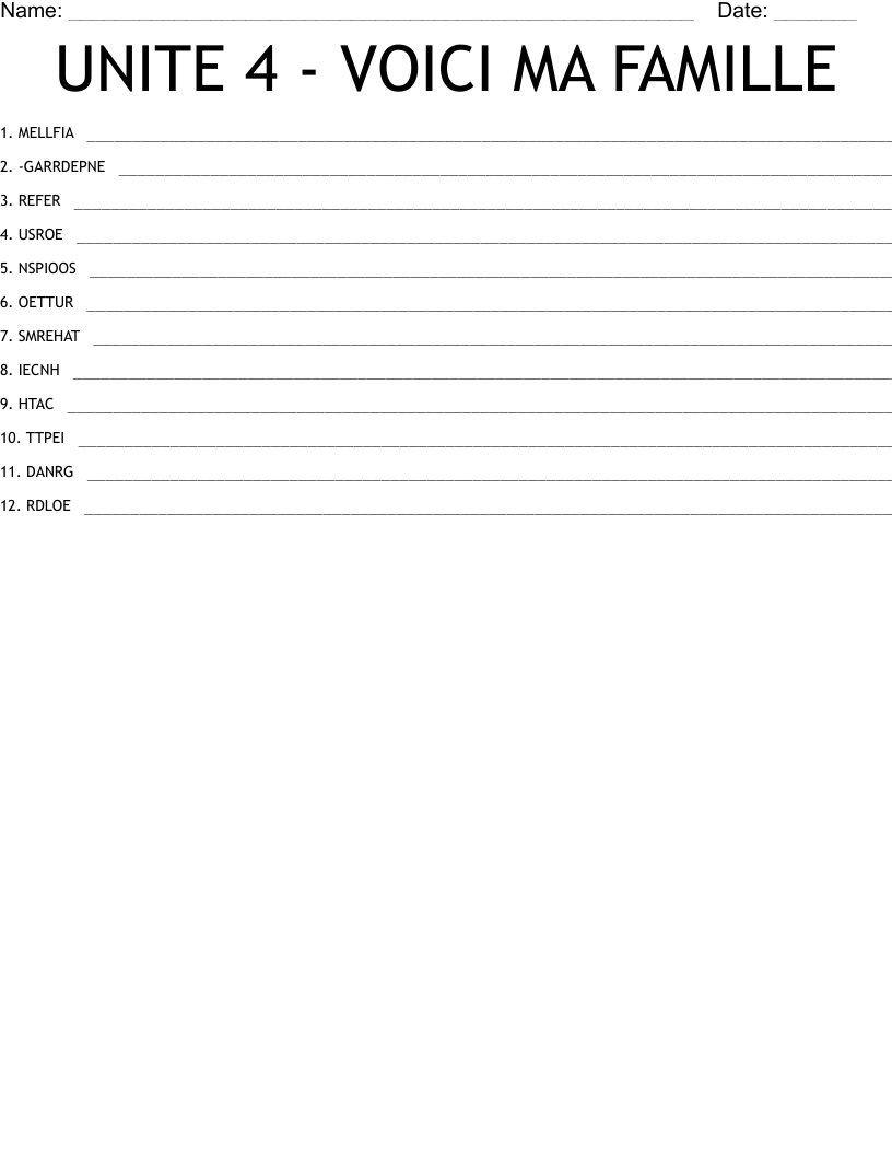 UNITE 4 - VOICI MA FAMILLE Word Scramble