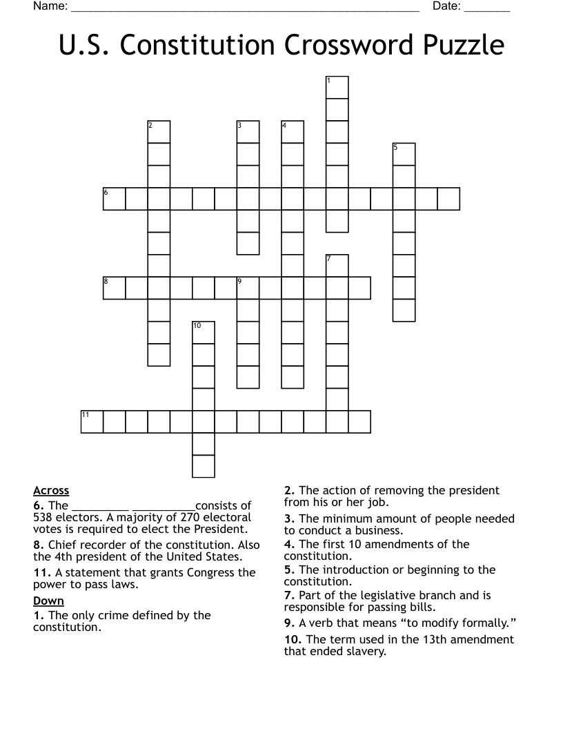 U S Constitution Crossword Puzzle WordMint