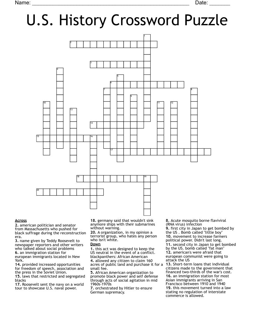 U S History Crossword Puzzle WordMint