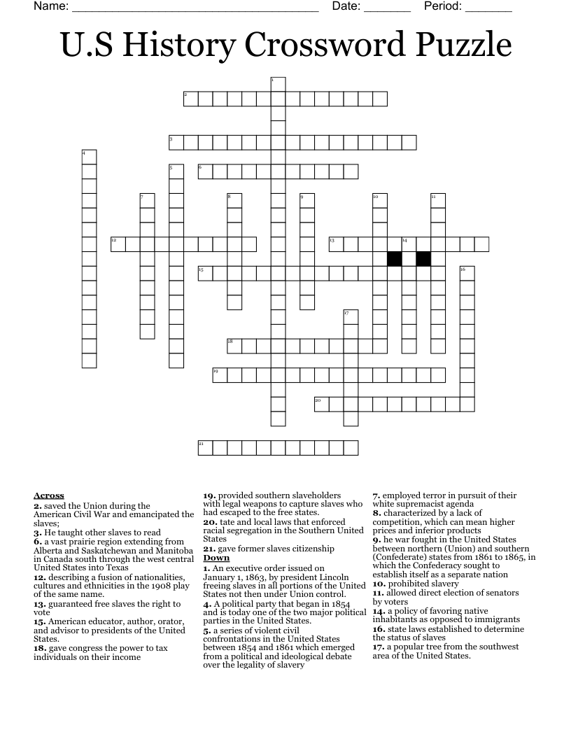 U S History Crossword Puzzle WordMint