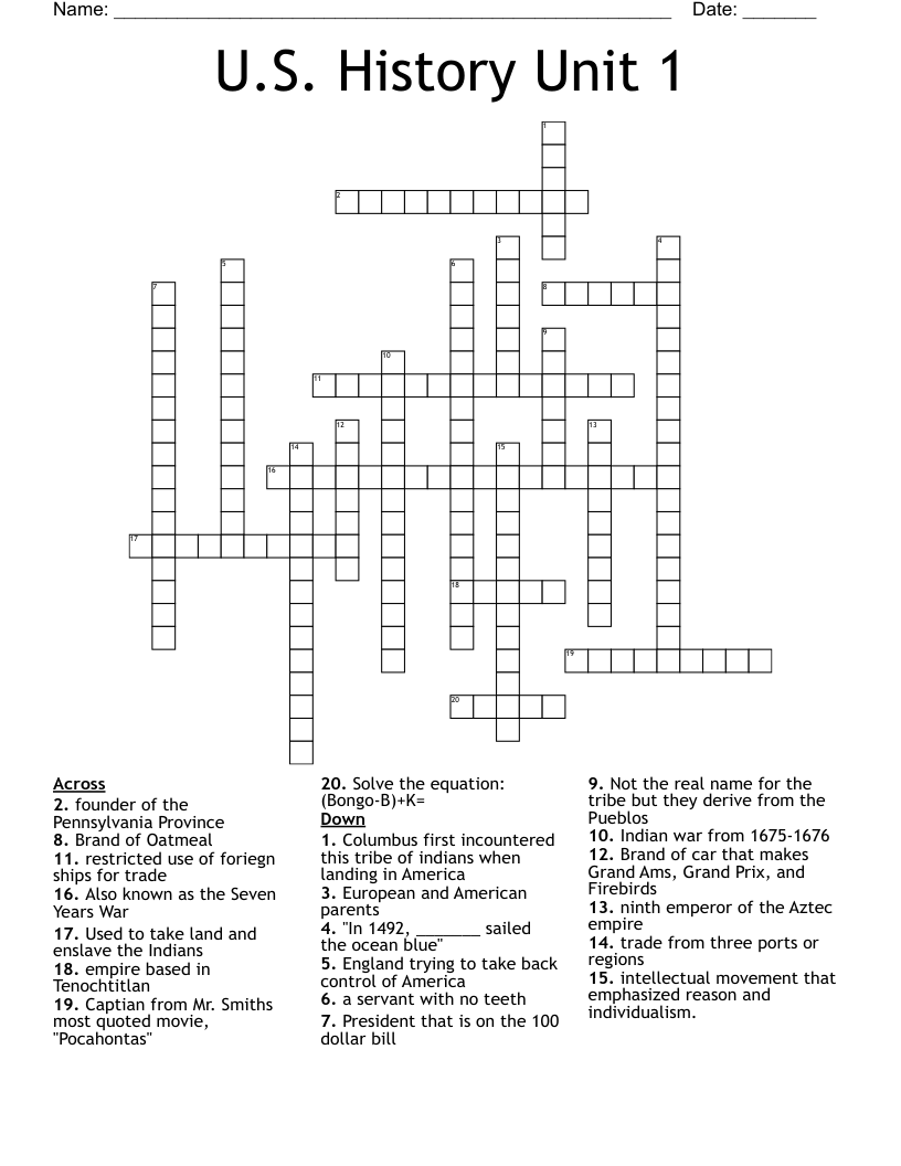 U.S. History Unit 1 Crossword