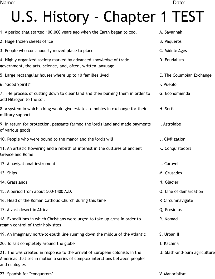 U S History Chapter 1 TEST Worksheet WordMint
