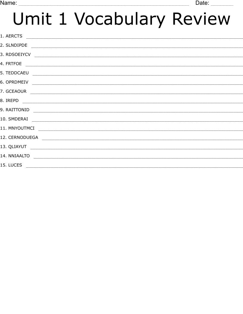 Umit 1 Vocabulary Review Word Scramble