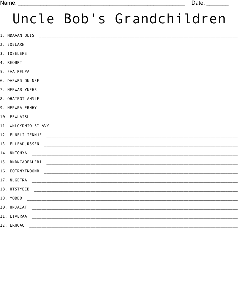 Uncle Bob's Grandchildren Word Scramble