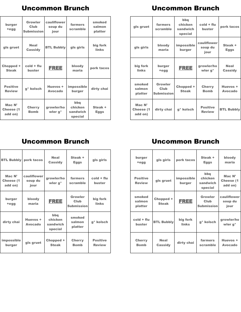 Uncommon Brunch Bingo Cards