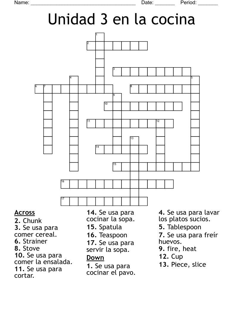 Unidad 3 en la cocina Crossword