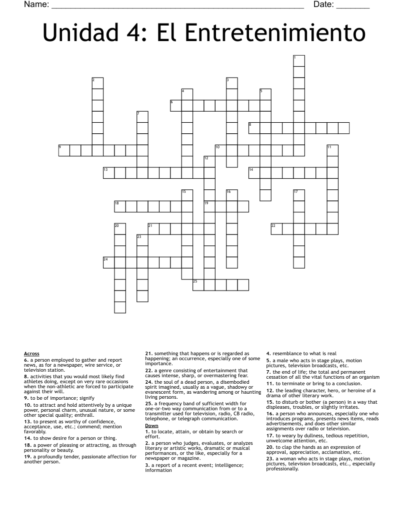 Unidad 4: El Entretenimiento Crossword