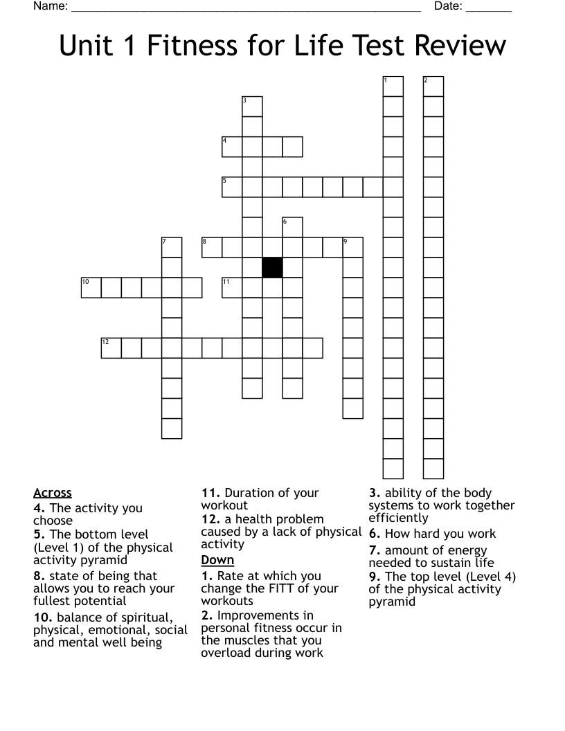 Unit 1 Fitness for Life Test Review Crossword