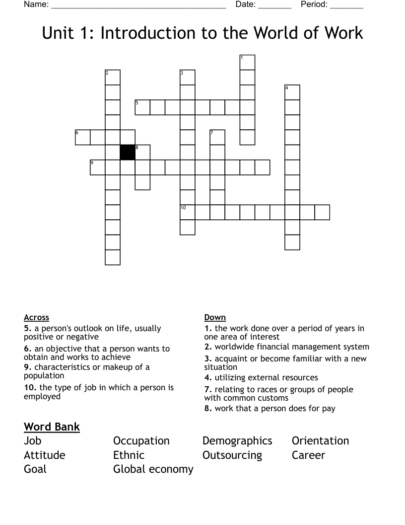 Introduction To The World Of Work self Awareness Vocab Crossword WordMint