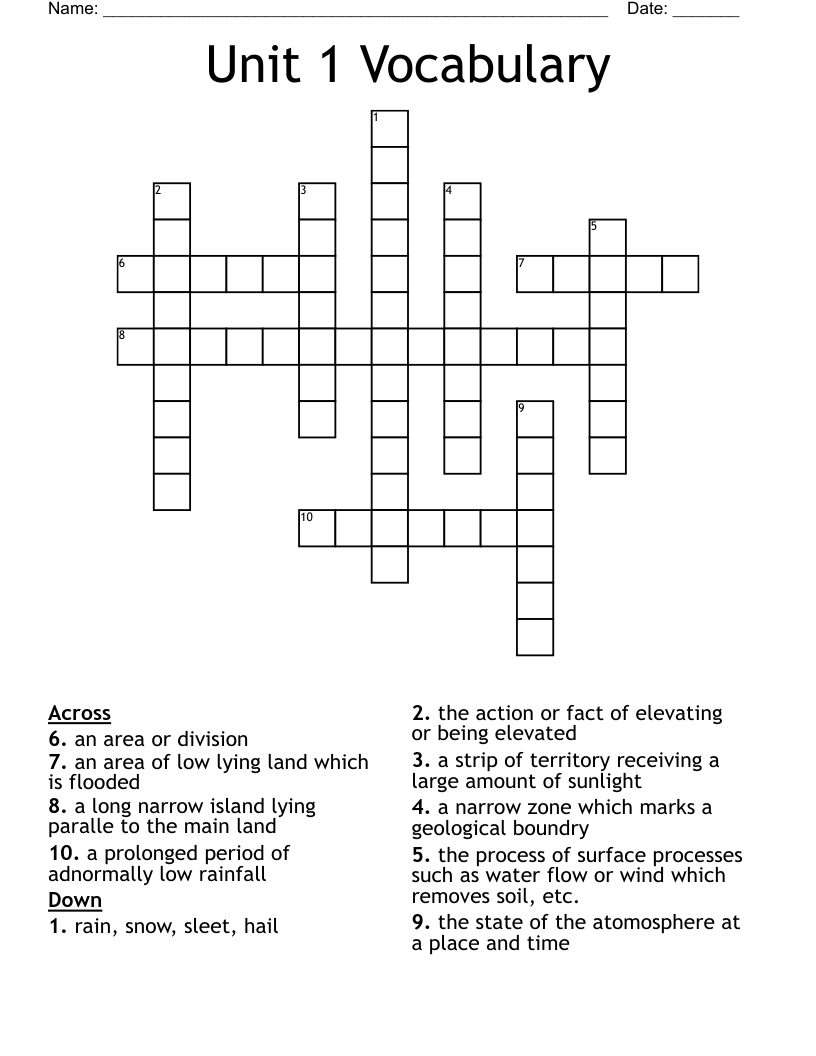 Unit 1 Vocabulary Crossword WordMint