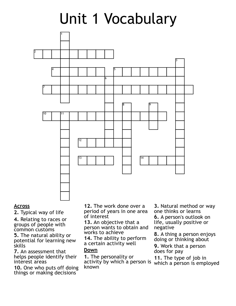 Unit 1 Vocabulary Crossword WordMint