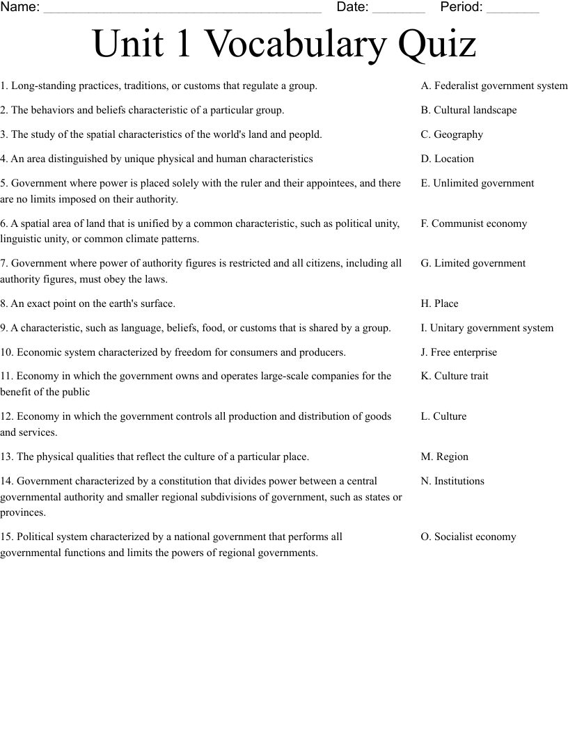 Unit 1 Vocabulary Quiz Worksheet