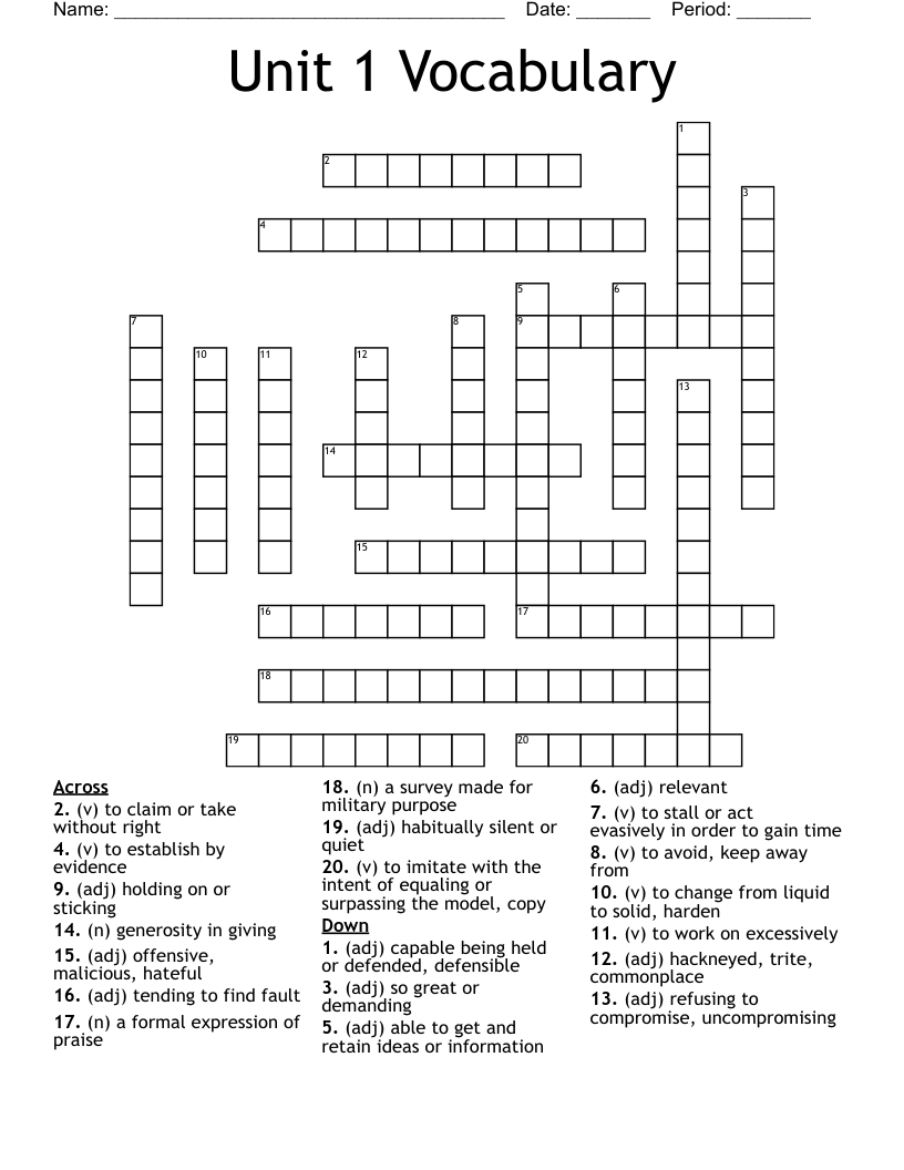 Unit 1 Vocabulary Crossword WordMint
