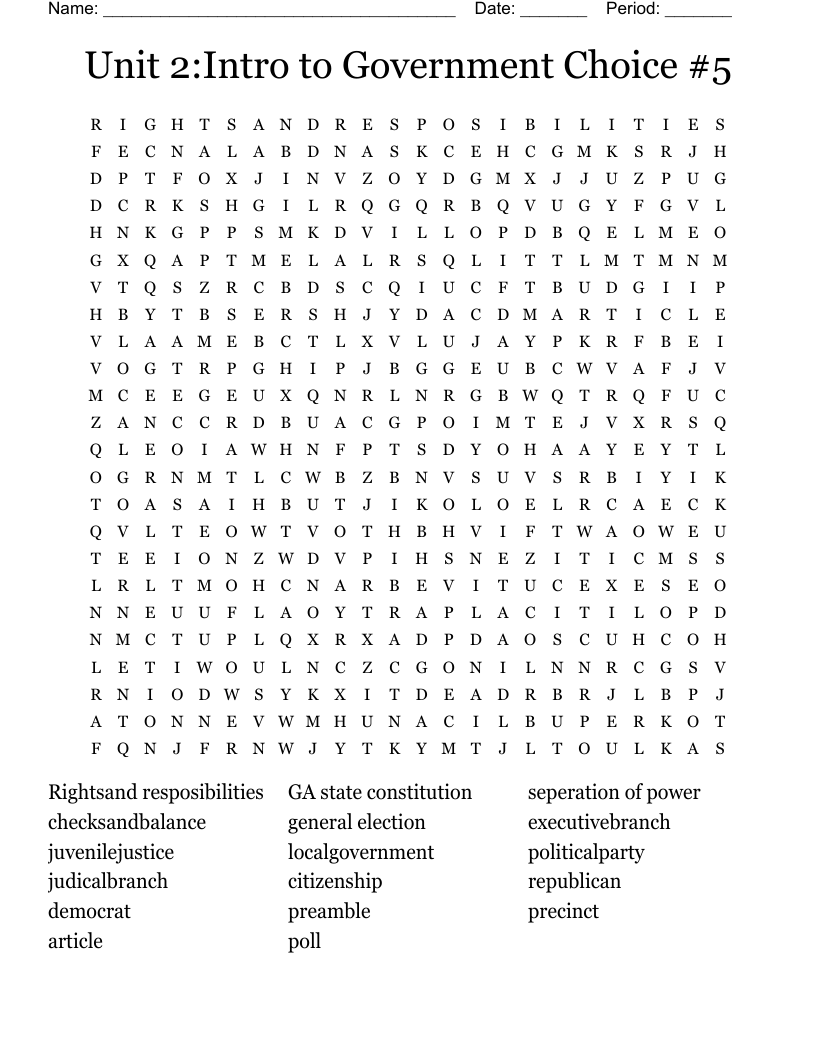 Unit 2:Intro to Government Choice #5 Word Search